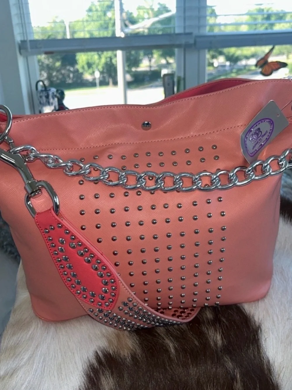 Sharif Coral Pink Studded Tote with Silver Chain